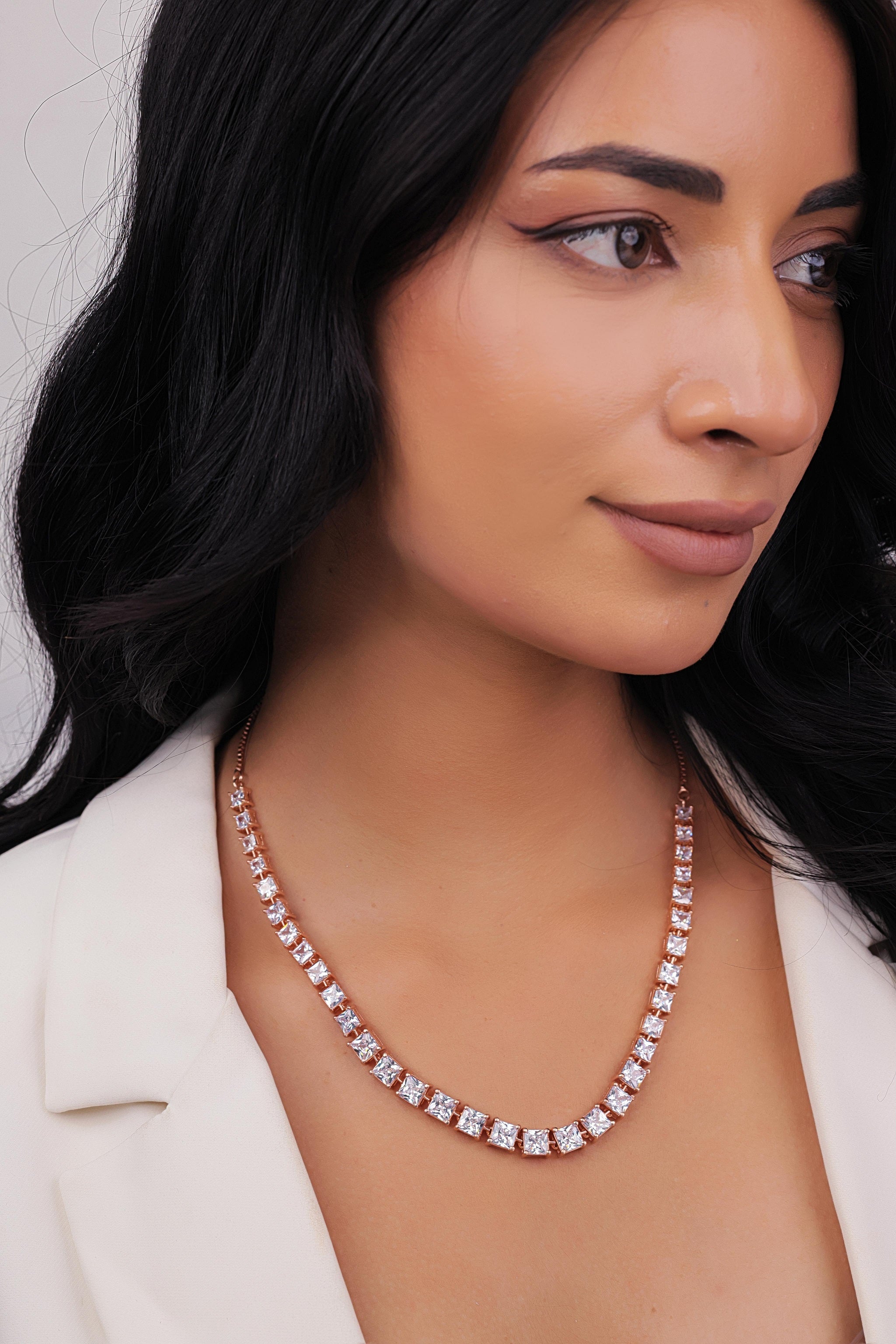 92.5 Sterling Silver CZ Stone Light Weight Rose Gold Plated Tennis Necklace For Women By Kesardeep